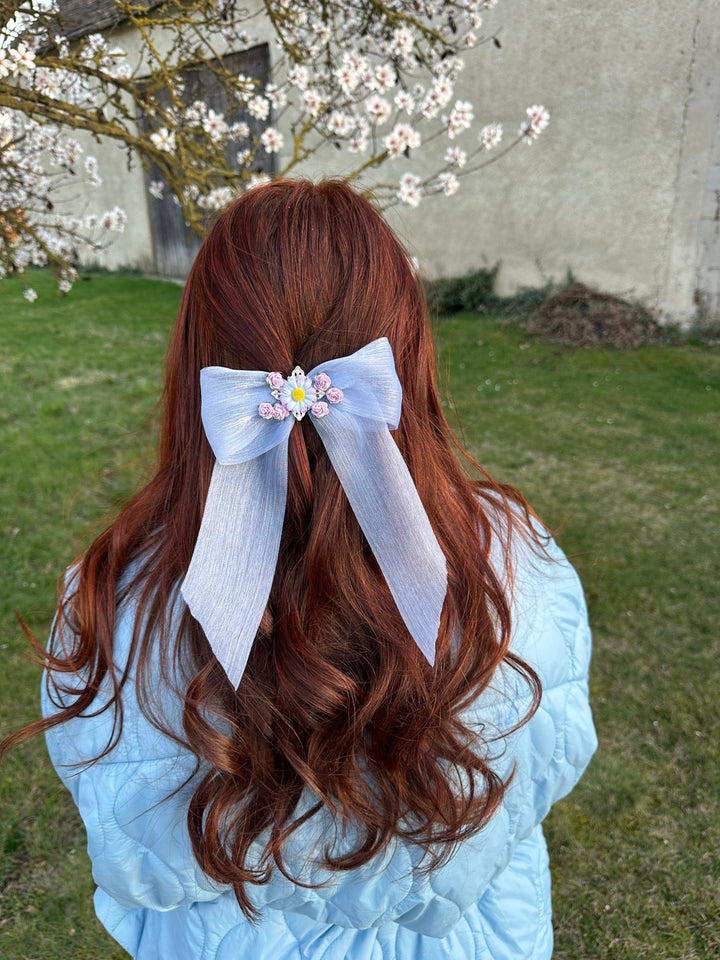 Blue Floral Bow Hair Clip with Daisies – Romantic Wedding Hair Bow, Something Blue Bridal Hair Accessory – handmade floral hair accessory by magaela