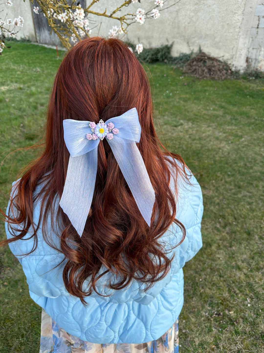 Blue Floral Bow Hair Clip with Daisies – Romantic Wedding Hair Bow, Something Blue Bridal Hair Accessory – handmade floral hair accessory by magaela