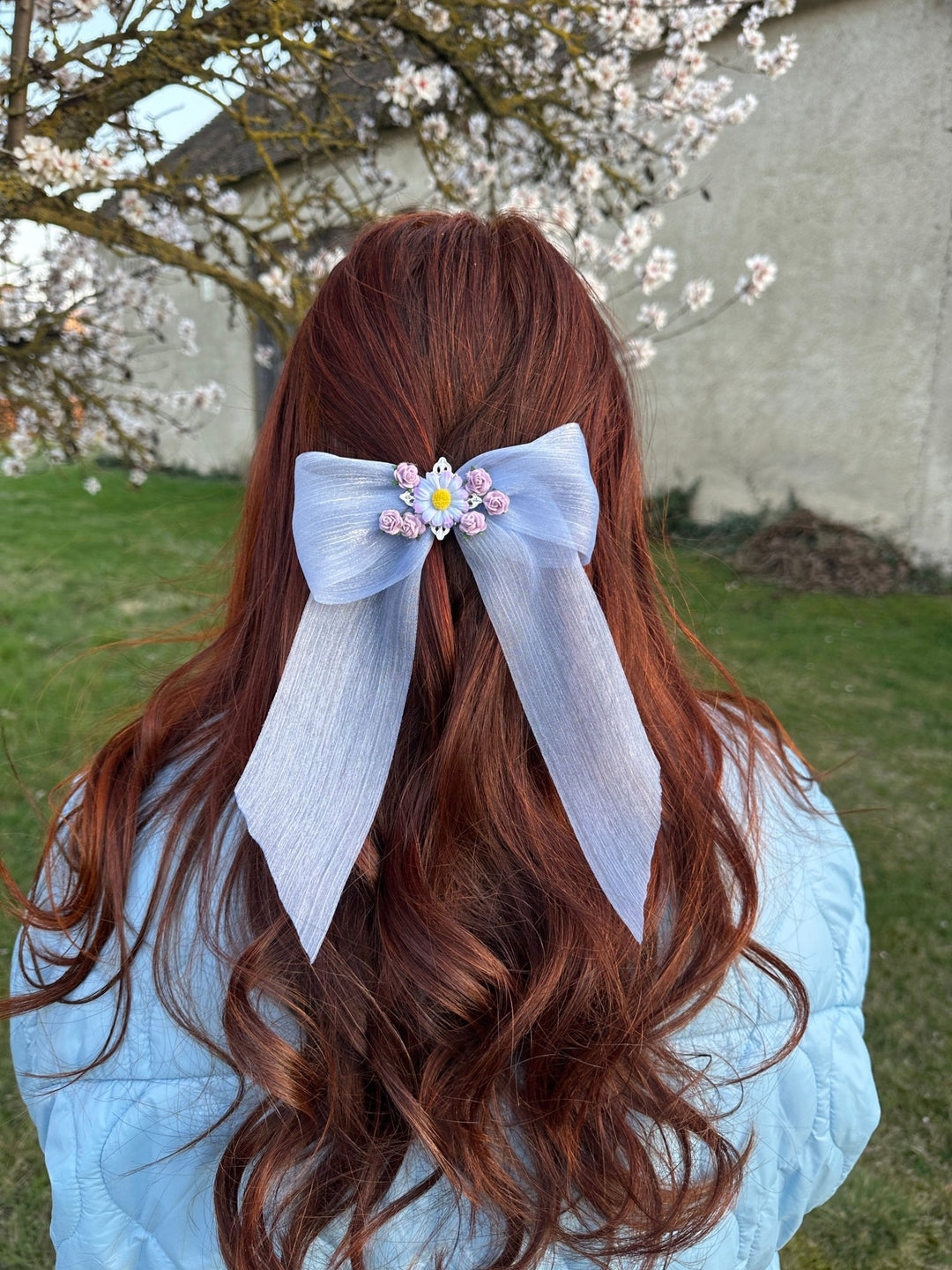 Blue Floral Bow Hair Clip with Daisies – Romantic Wedding Hair Bow, Something Blue Bridal Hair Accessory – handmade floral hair accessory by magaela