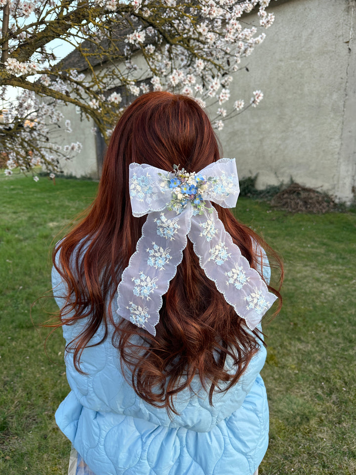 Lace Bow with Forget-Me-Nots and Dried Flowers - Blue Floral Hair and Outfit Accessory
