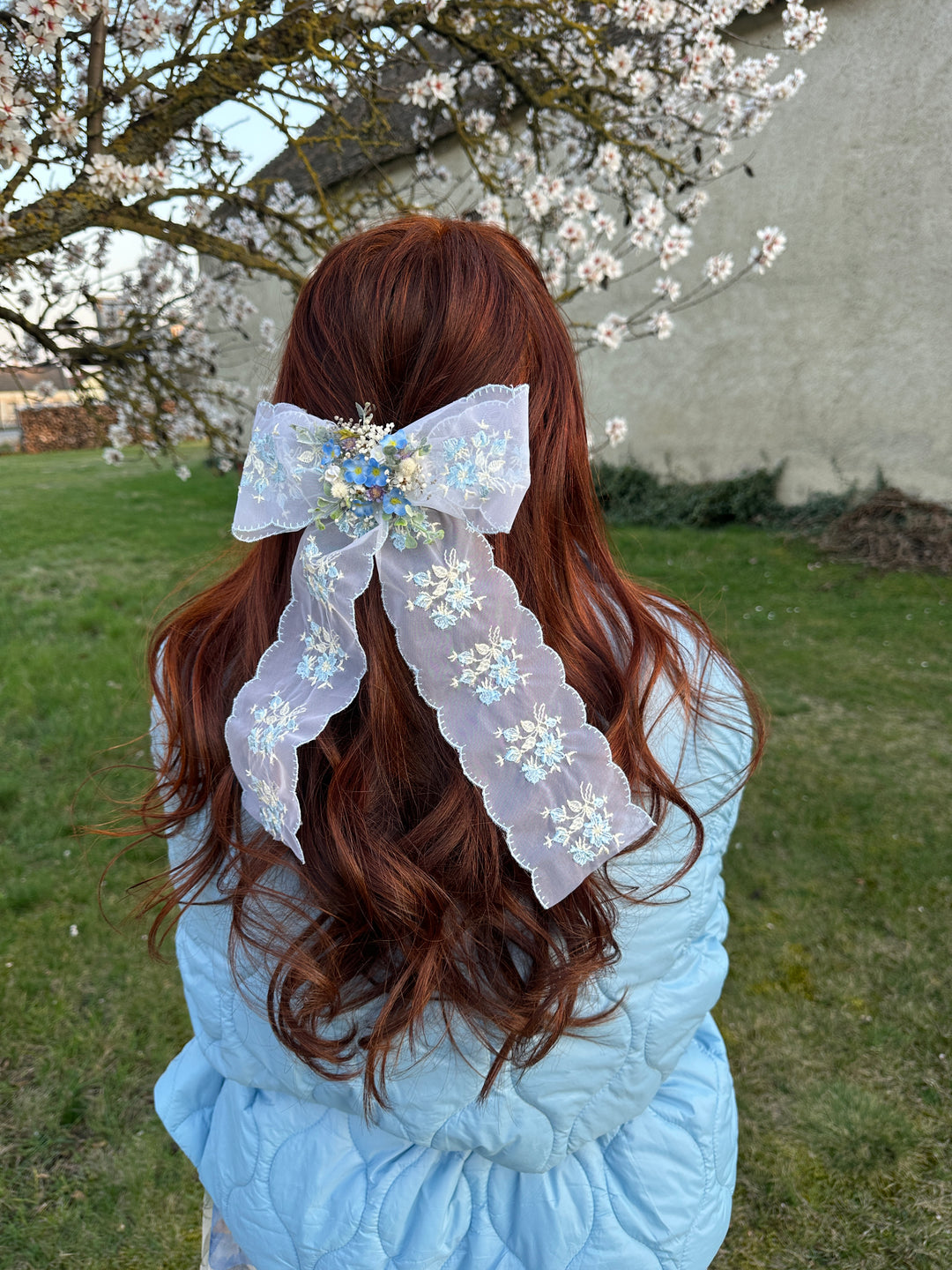 Lace Bow with Forget-Me-Nots and Dried Flowers - Blue Floral Hair and Outfit Accessory