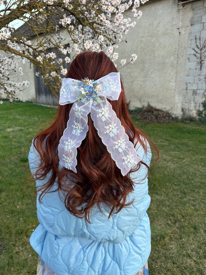 Lace Bow with Forget-Me-Nots and Dried Flowers - Blue Floral Hair and Outfit Accessory