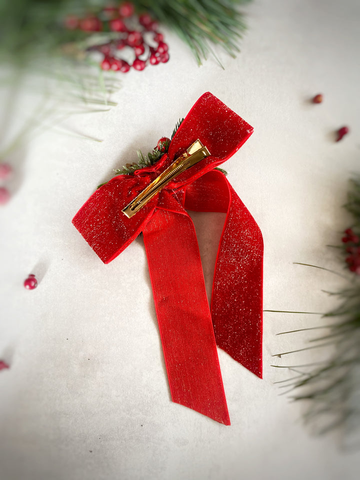 Red Christmas Hair Bow Clip | Teddy Bear and Woodland Details