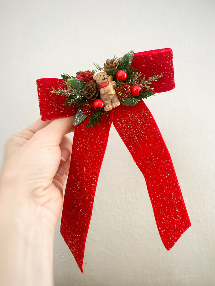 Red Christmas Hair Bow Clip | Teddy Bear and Woodland Details