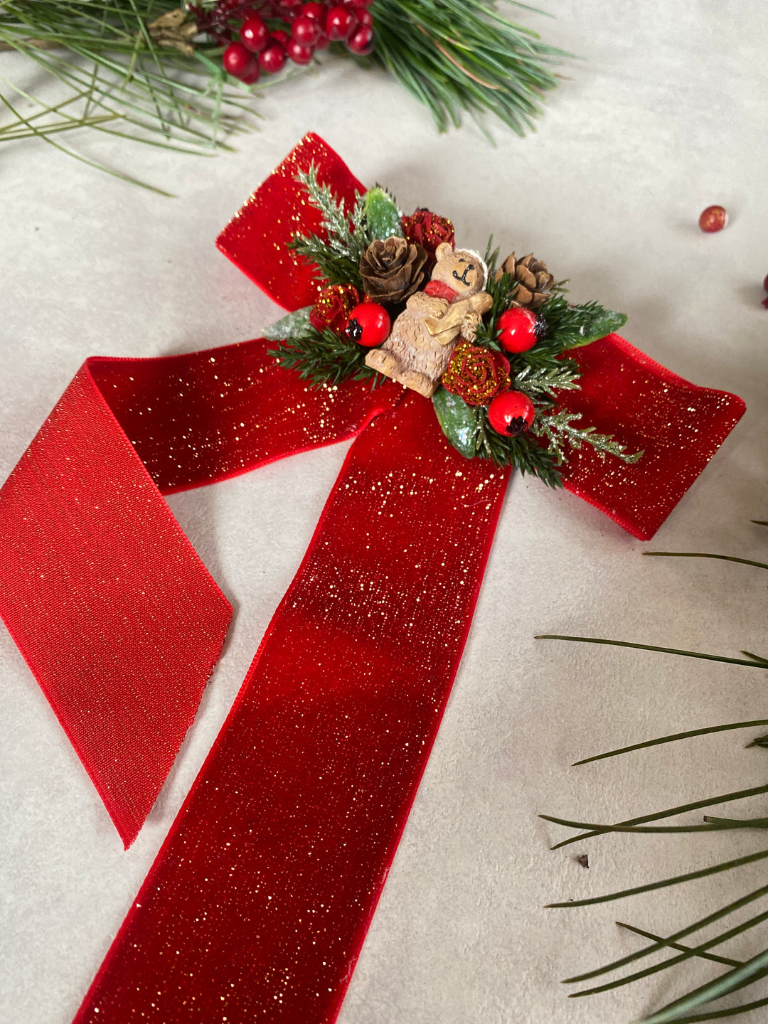 Red Christmas Hair Bow Clip | Teddy Bear and Woodland Details