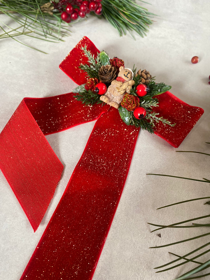 Red Christmas Hair Bow Clip | Teddy Bear and Woodland Details