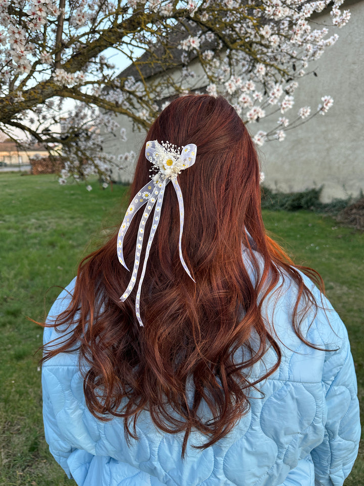 Romantische Haarschleife oder Modebrosche mit Gänseblümchen und konservierter Gypsophila