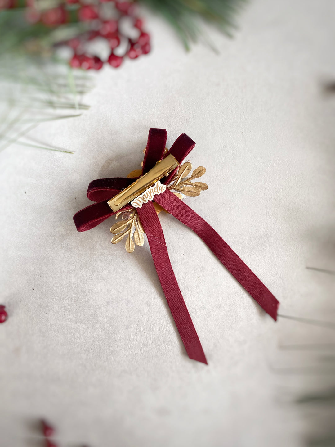 Burgundy Christmas Hair Bow Clip | Gingerbread Charm and Gold Details