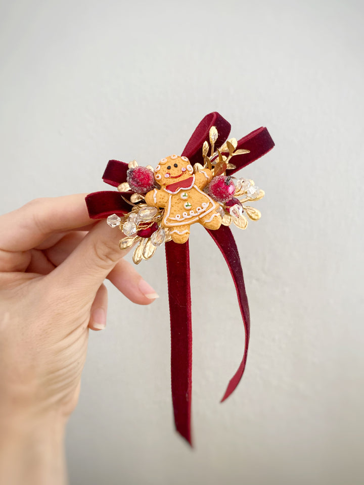 Burgundy Christmas Hair Bow Clip | Gingerbread Charm and Gold Details