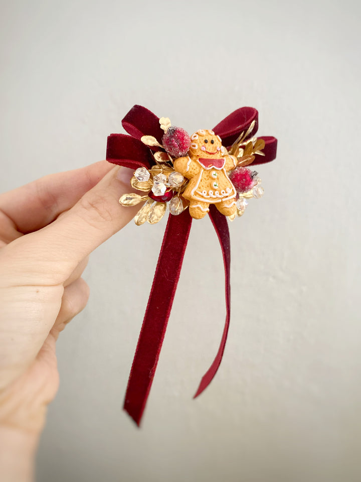 Burgundy Christmas Hair Bow Clip | Gingerbread Charm and Gold Details