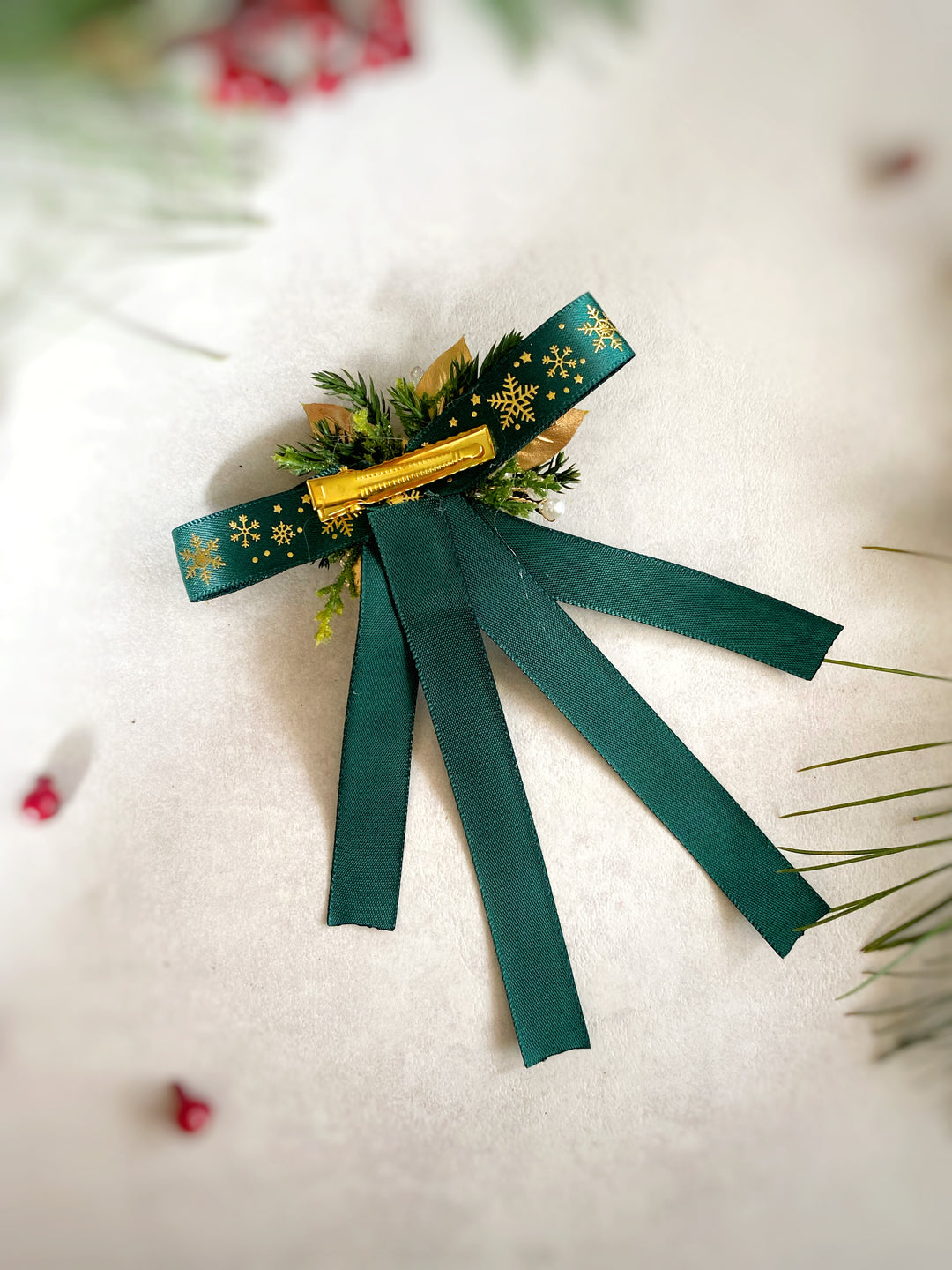 Green Christmas Hair Bow Clip | Gold Snowflakes and Floral Details
