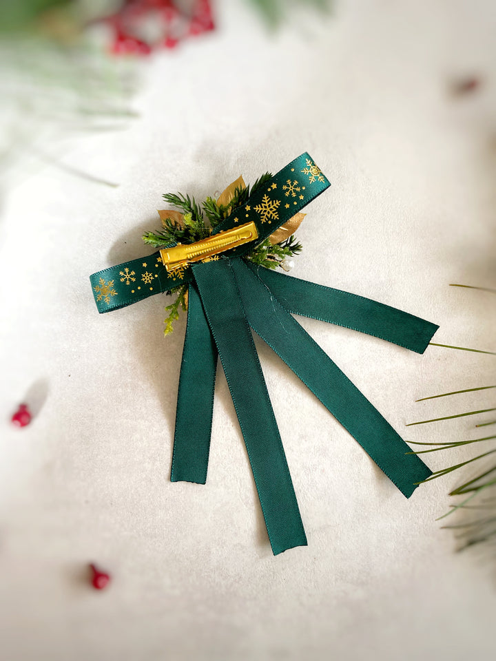 Green Christmas Hair Bow Clip | Gold Snowflakes and Floral Details