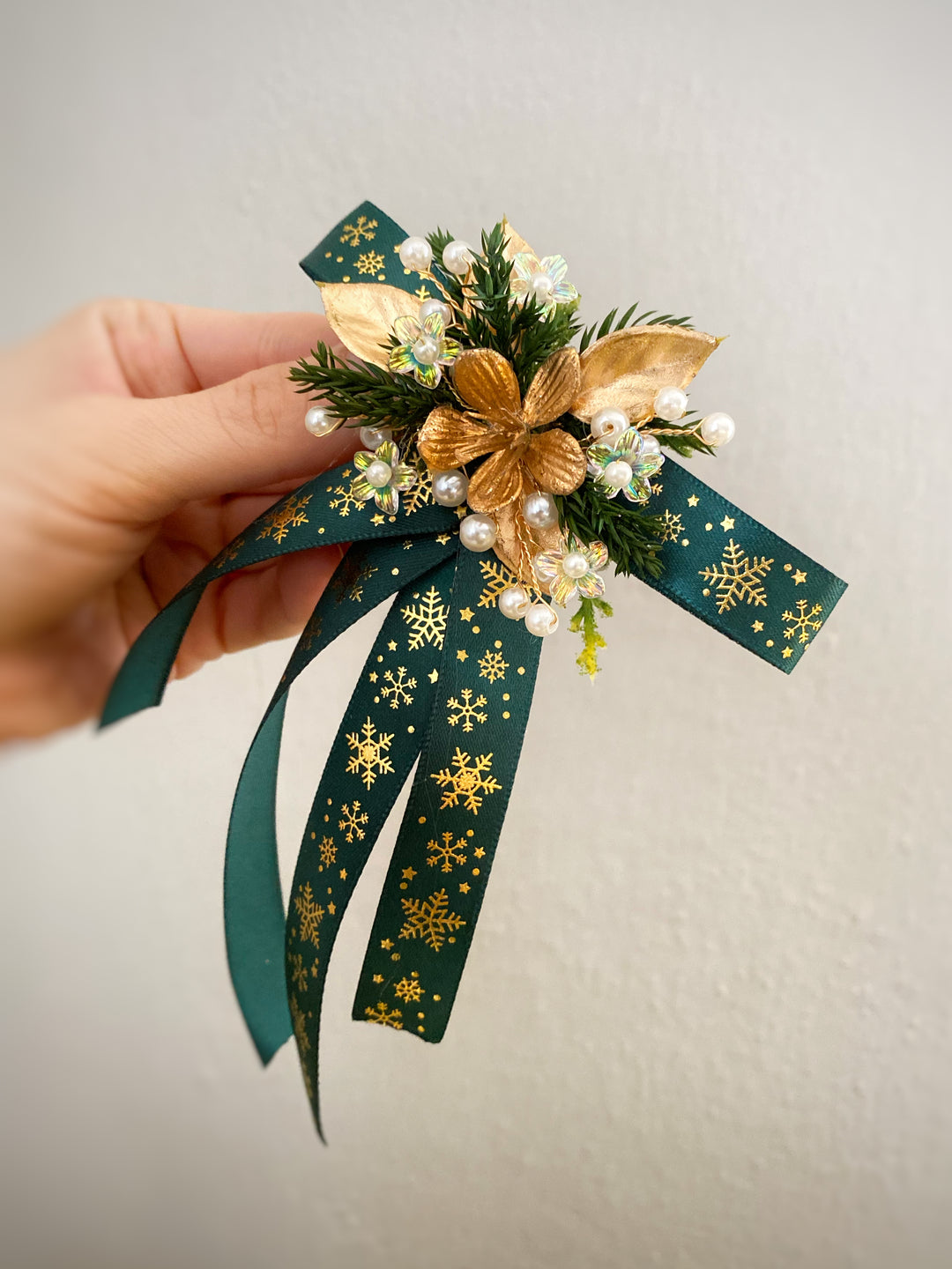 Green Christmas Hair Bow Clip | Gold Snowflakes and Floral Details