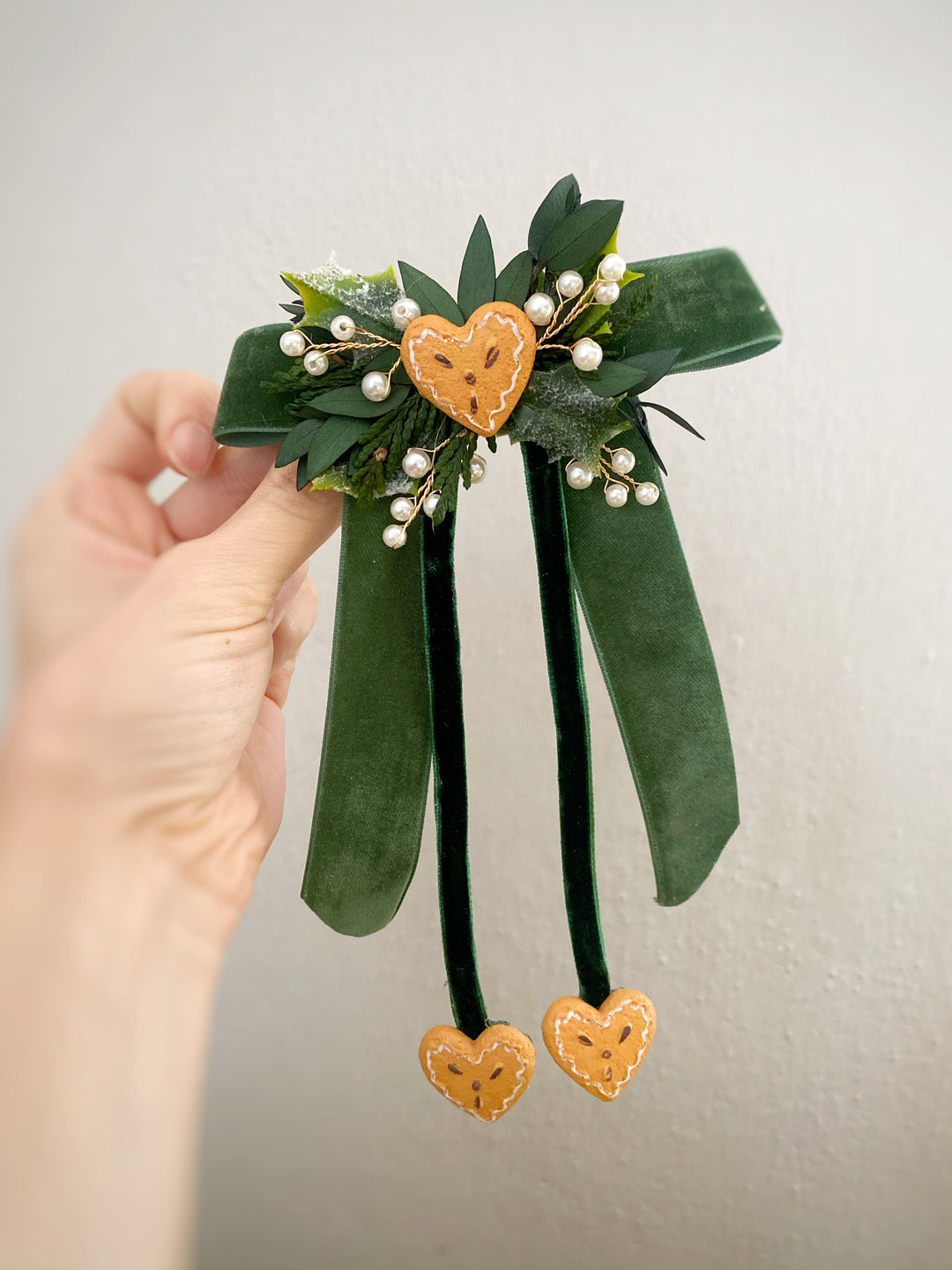 Green Christmas Hair Bow | Gingerbread Hearts and Optional Pearl Veil