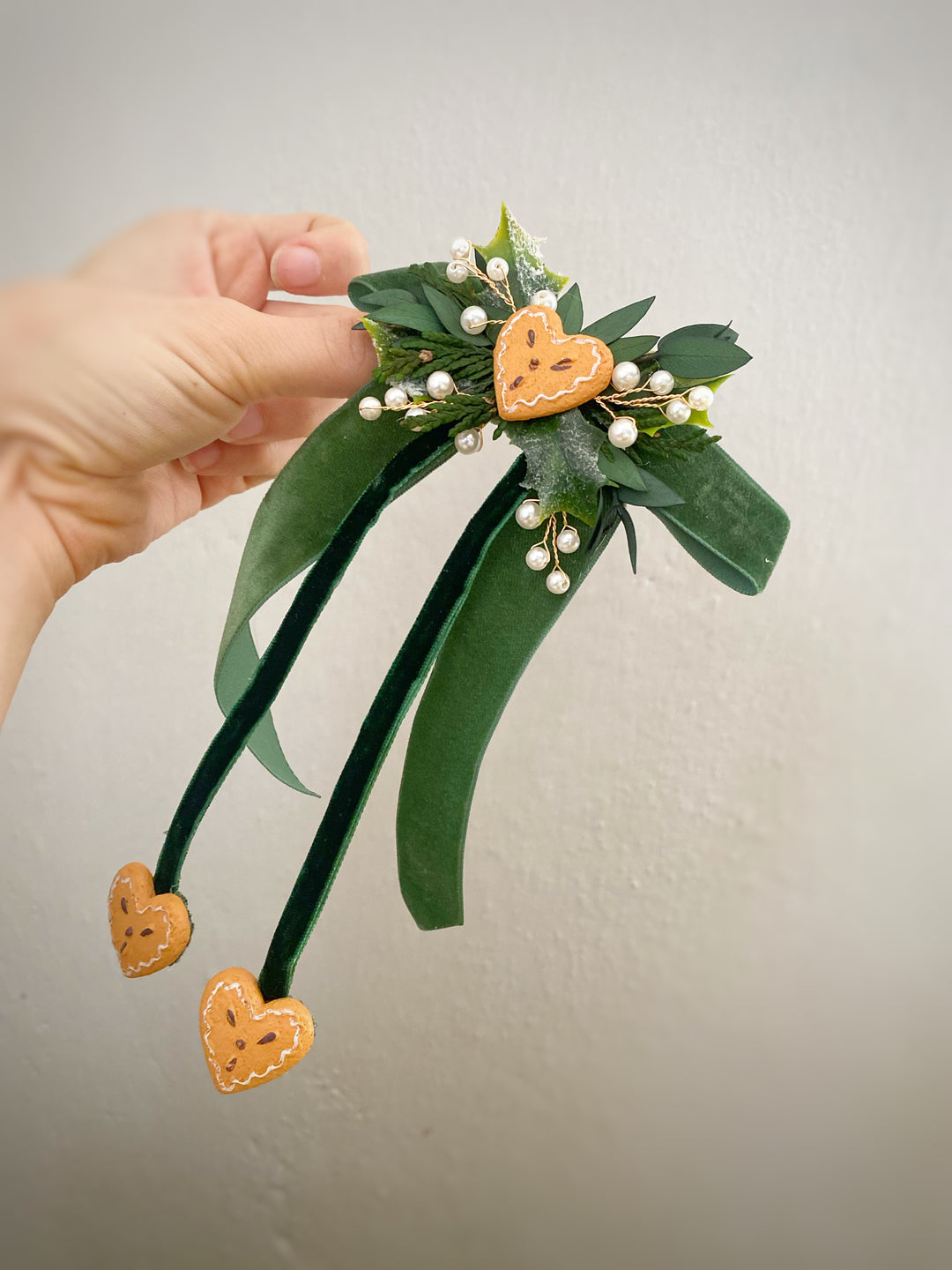 Green Christmas Hair Bow | Gingerbread Hearts and Optional Pearl Veil