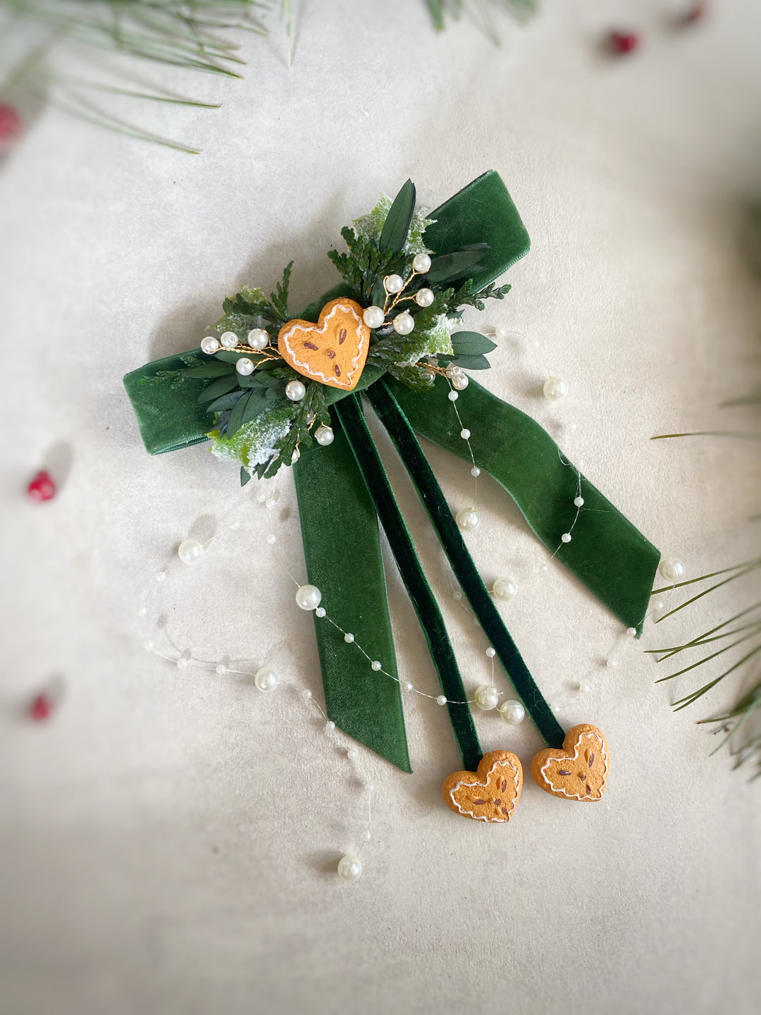 Green Christmas Hair Bow | Gingerbread Hearts and Optional Pearl Veil