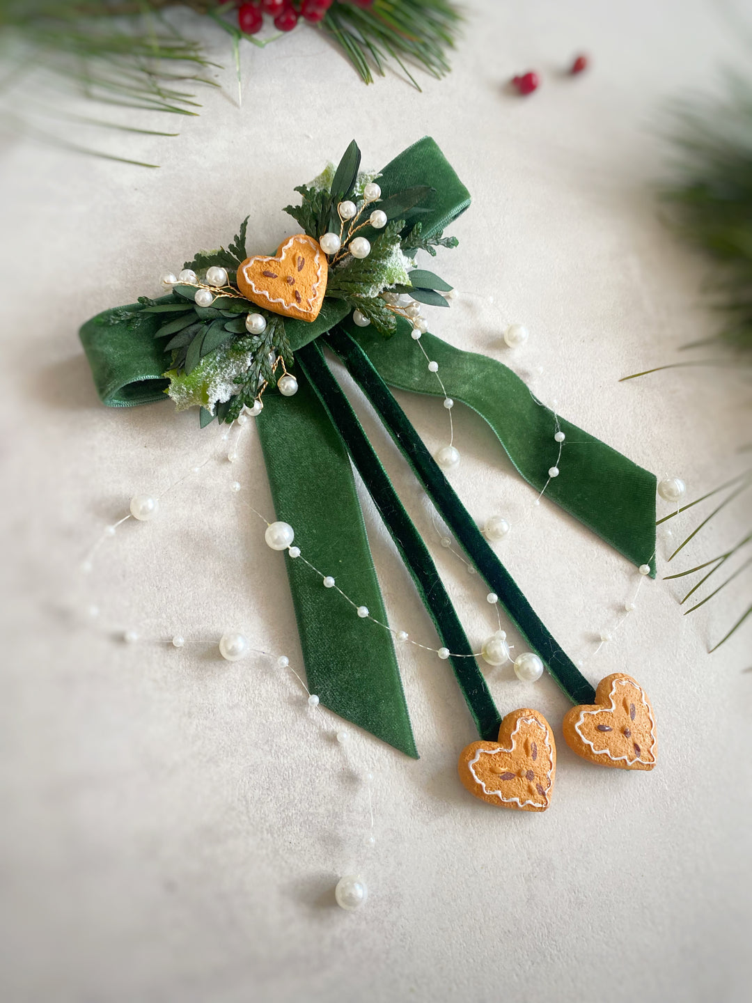 Green Christmas Hair Bow | Gingerbread Hearts and Optional Pearl Veil