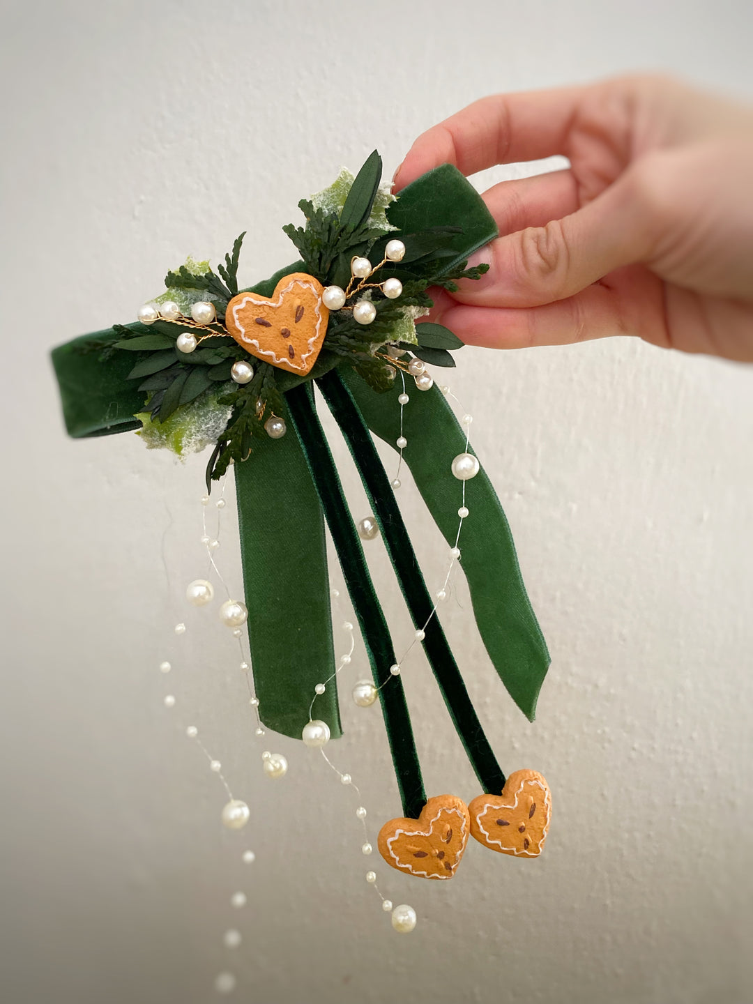 Green Christmas Hair Bow | Gingerbread Hearts and Optional Pearl Veil