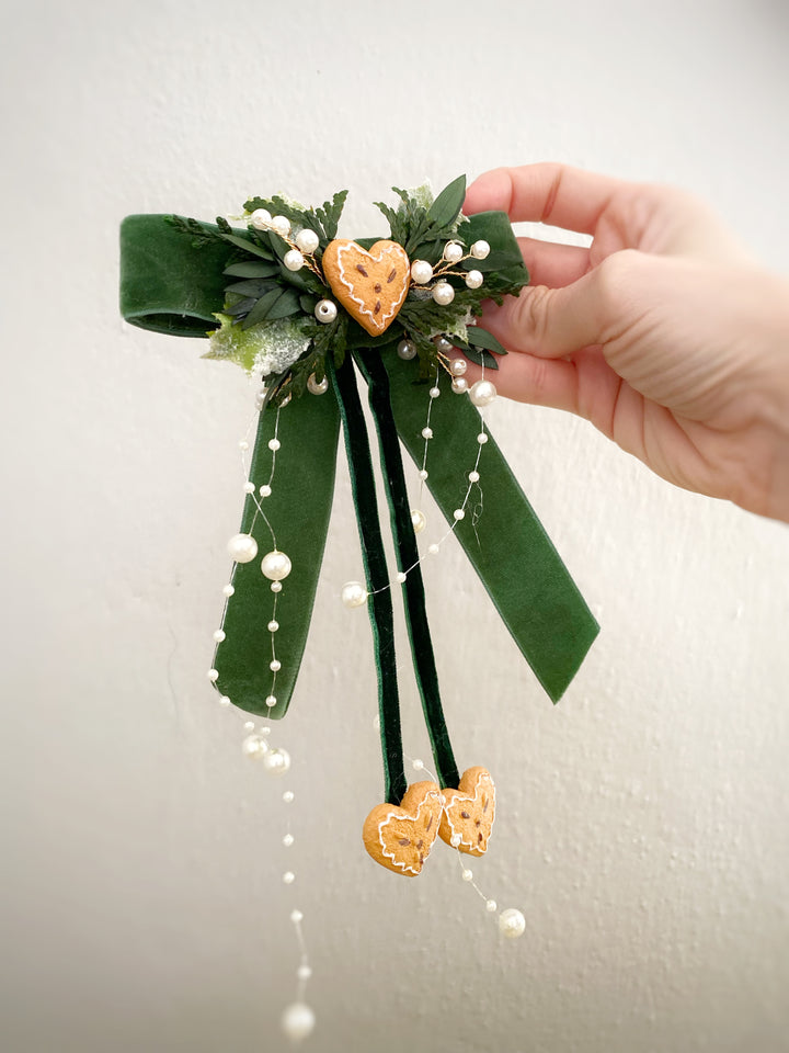 Green Christmas Hair Bow | Gingerbread Hearts and Optional Pearl Veil