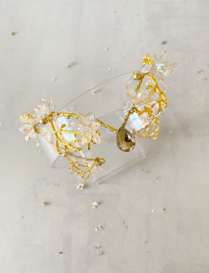 Gold Bridal Tiara with Pearl Veil – Detachable Wedding Headpiece – handmade floral hair accessory by magaela