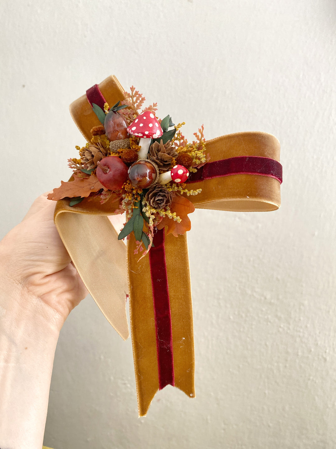Mustard Gold and Burgundy Woodland Hair Bow Clip | Handmade Toadstool