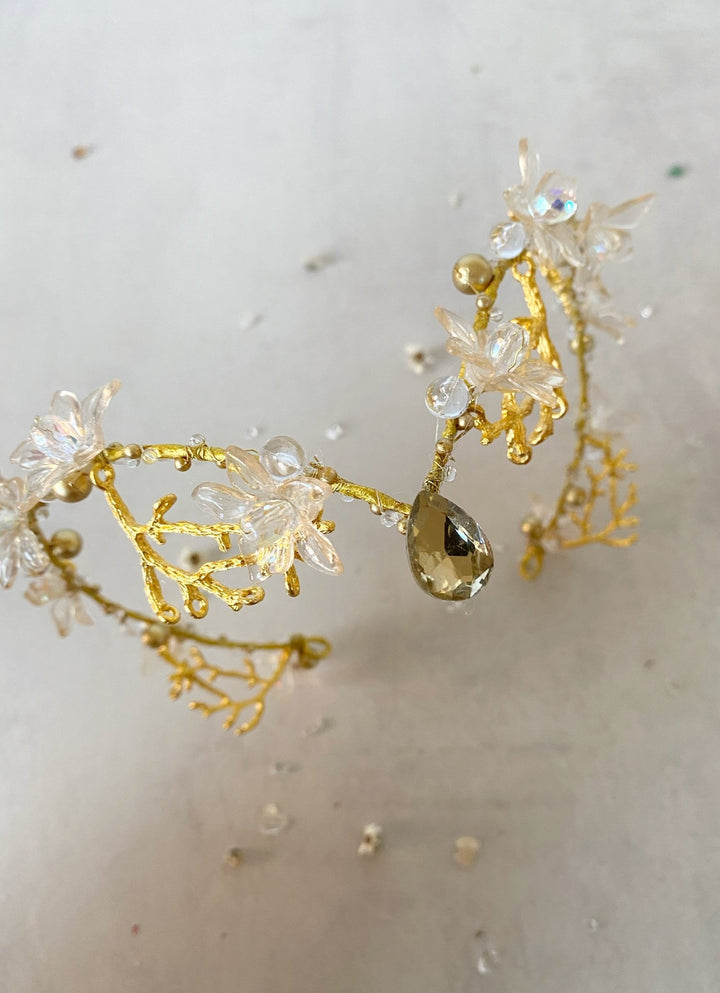 Gold Bridal Tiara with Pearl Veil – Detachable Wedding Headpiece – handmade floral hair accessory by magaela