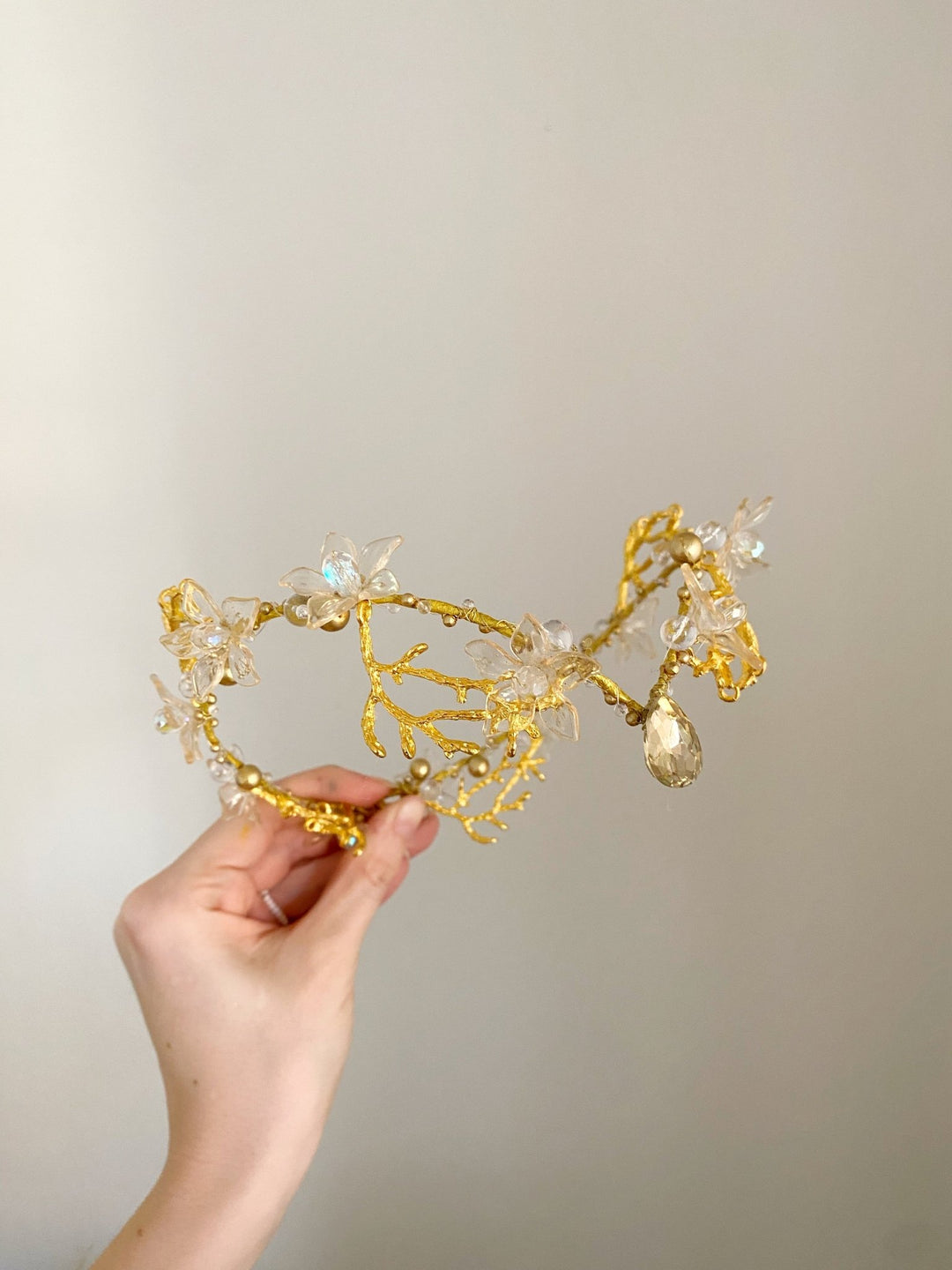 Gold Bridal Tiara with Pearl Veil – Detachable Wedding Headpiece – handmade floral hair accessory by magaela