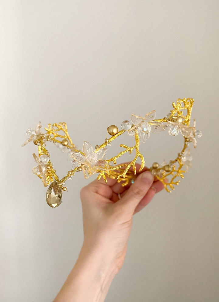 Gold Bridal Tiara with Pearl Veil – Detachable Wedding Headpiece – handmade floral hair accessory by magaela
