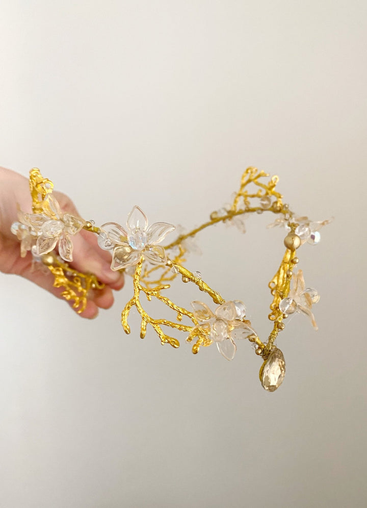 Gold Bridal Tiara with Pearl Veil – Detachable Wedding Headpiece – handmade floral hair accessory by magaela