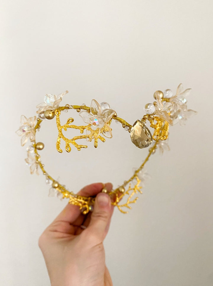 Gold Bridal Tiara with Pearl Veil – Detachable Wedding Headpiece – handmade floral hair accessory by magaela