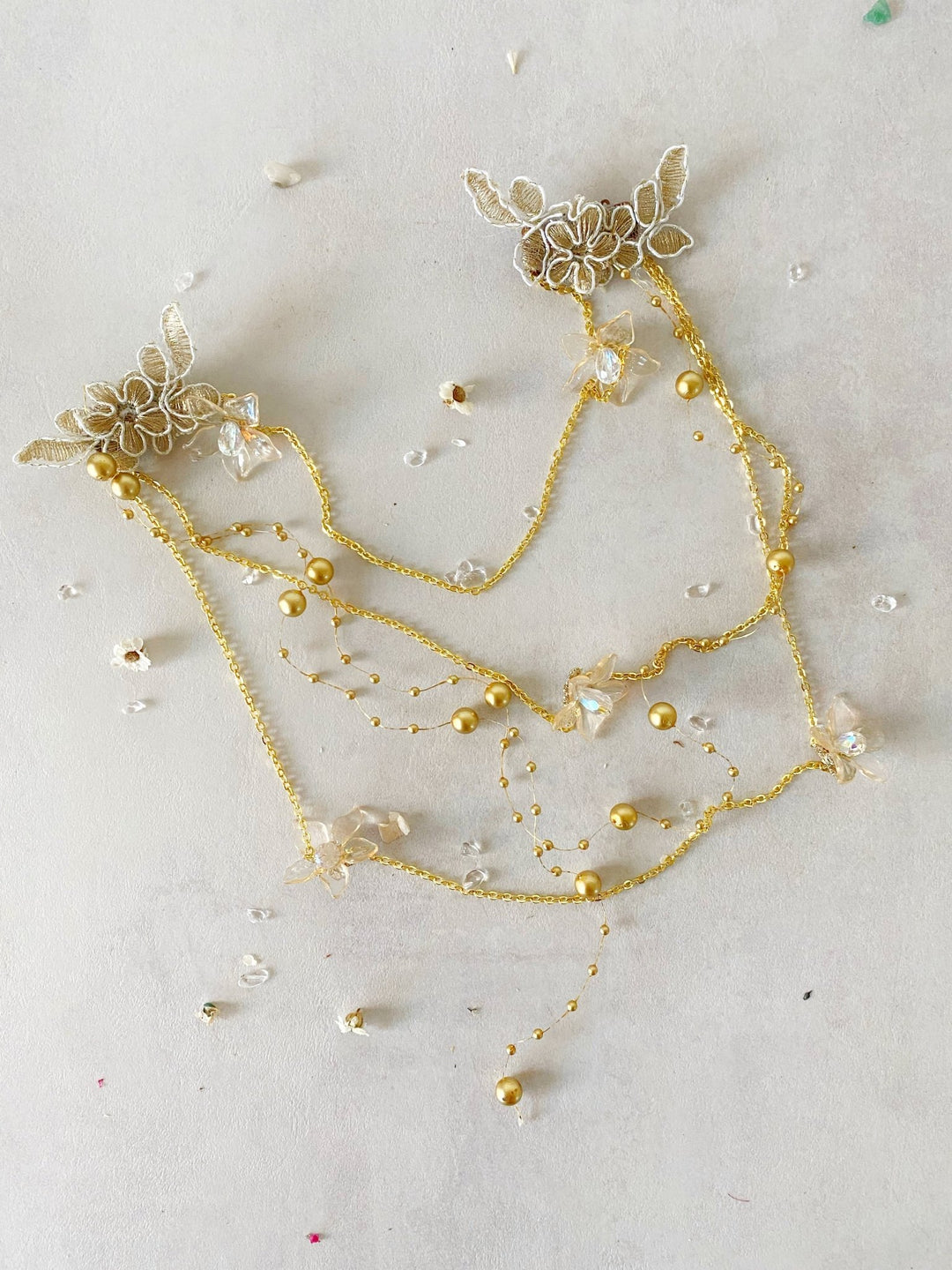 Gold Bridal Tiara with Pearl Veil – Detachable Wedding Headpiece – handmade floral hair accessory by magaela