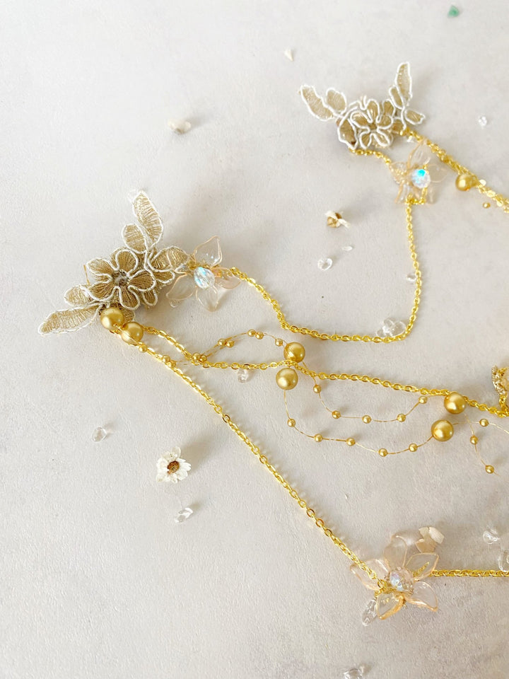 Gold Bridal Tiara with Pearl Veil – Detachable Wedding Headpiece – handmade floral hair accessory by magaela