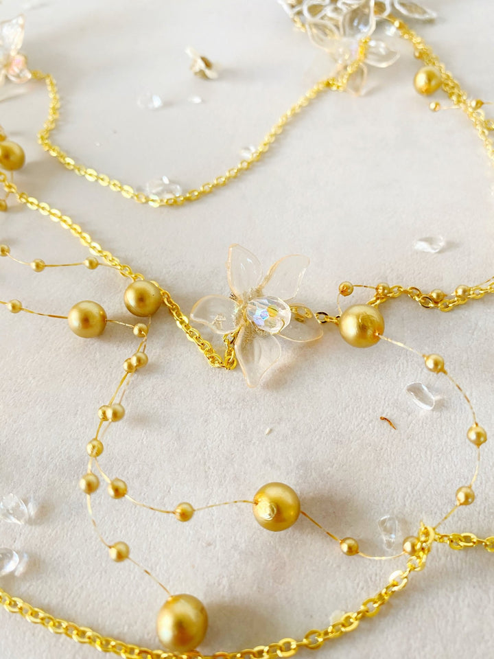 Gold Bridal Tiara with Pearl Veil – Detachable Wedding Headpiece – handmade floral hair accessory by magaela