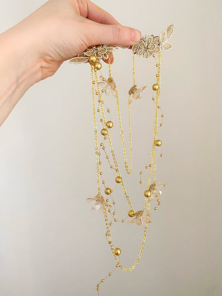 Gold Bridal Tiara with Pearl Veil – Detachable Wedding Headpiece – handmade floral hair accessory by magaela