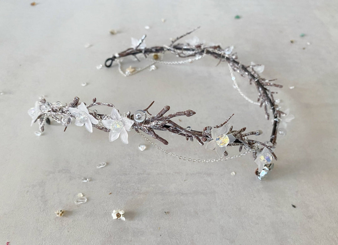Elven Bridal Tiara in Silver Tones – Fantasy Wedding Headpiece – handmade floral hair accessory by magaela