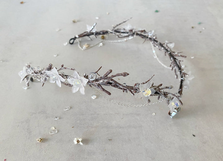 Elven Bridal Tiara in Silver Tones – Fantasy Wedding Headpiece – handmade floral hair accessory by magaela
