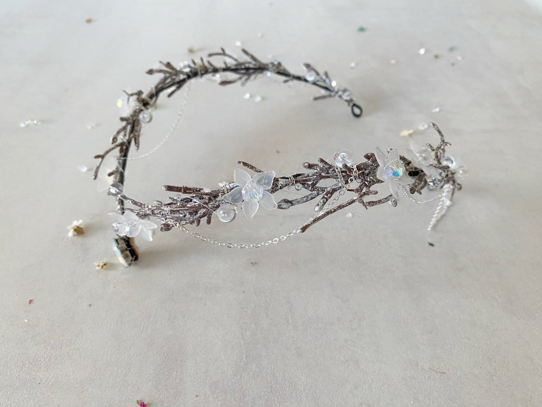 Elven Bridal Tiara in Silver Tones – Fantasy Wedding Headpiece – handmade floral hair accessory by magaela