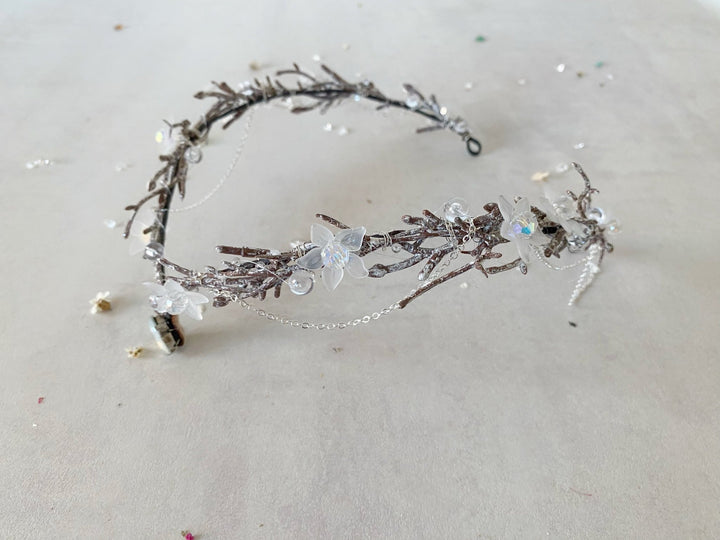 Elven Bridal Tiara in Silver Tones – Fantasy Wedding Headpiece – handmade floral hair accessory by magaela