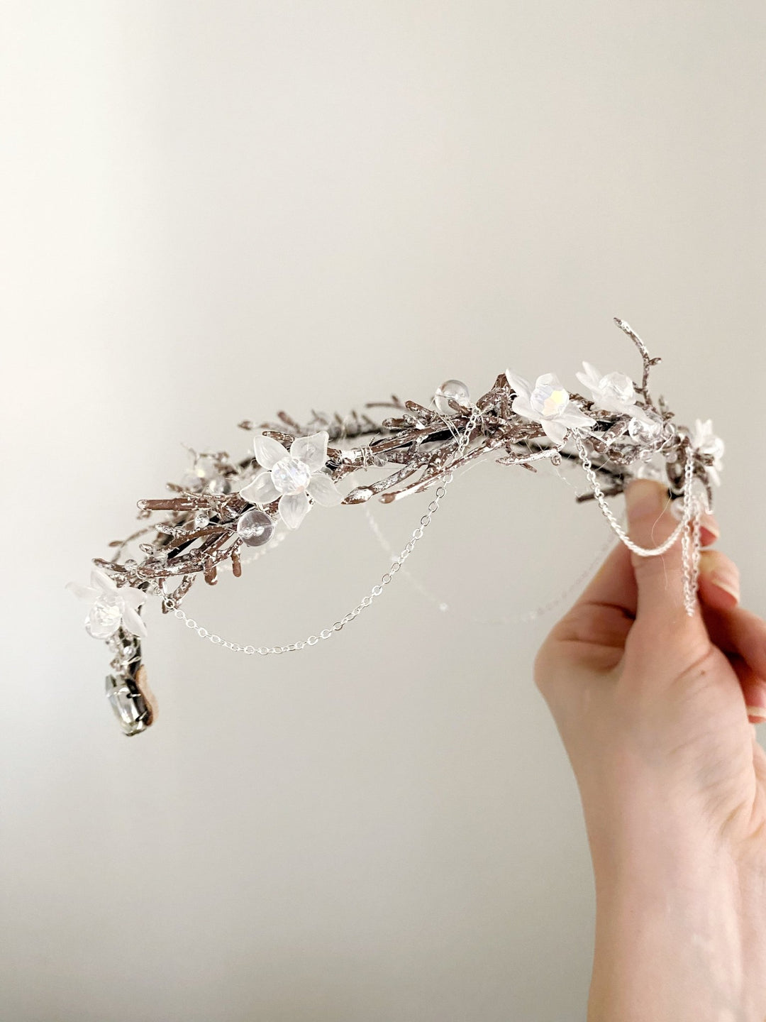 Elven Bridal Tiara in Silver Tones – Fantasy Wedding Headpiece – handmade floral hair accessory by magaela
