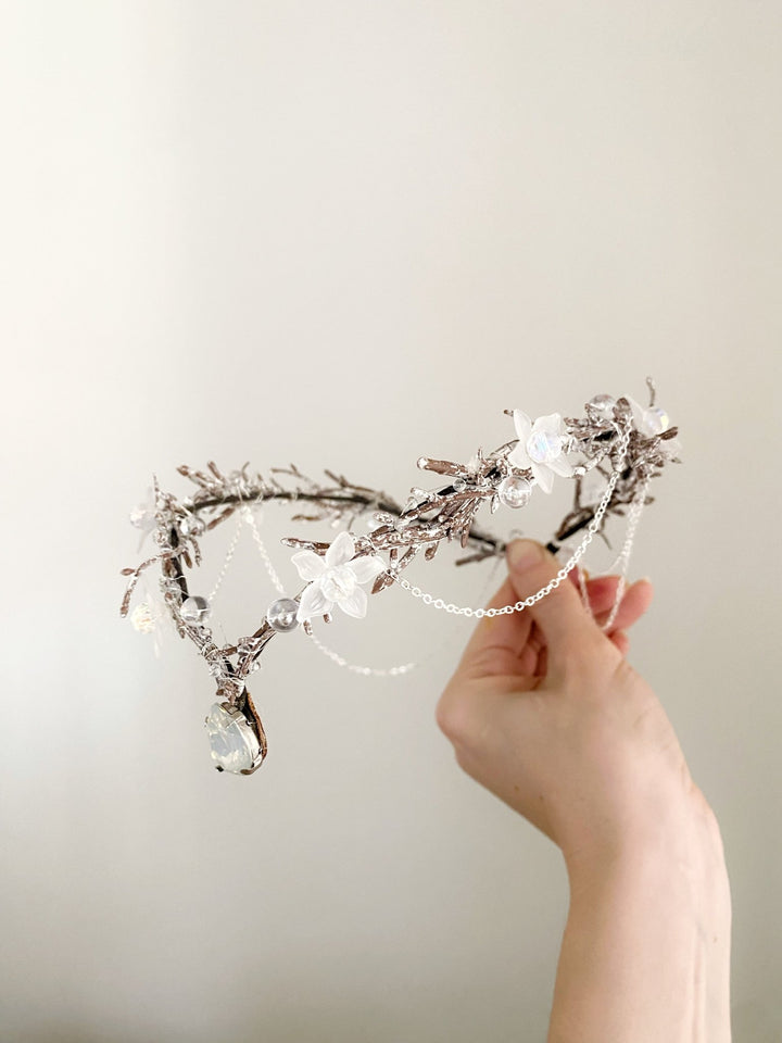 Elven Bridal Tiara in Silver Tones – Fantasy Wedding Headpiece – handmade floral hair accessory by magaela