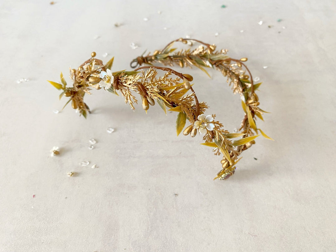 Golden Elven Bridal Tiara with Gemstone Pendant – Fantasy Wedding Headpiece – handmade floral hair accessory by magaela