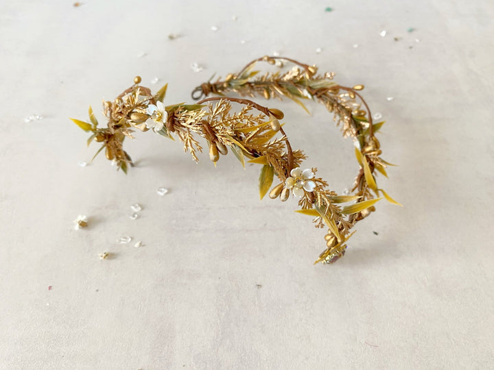 Golden Elven Bridal Tiara with Gemstone Pendant – Fantasy Wedding Headpiece – handmade floral hair accessory by magaela