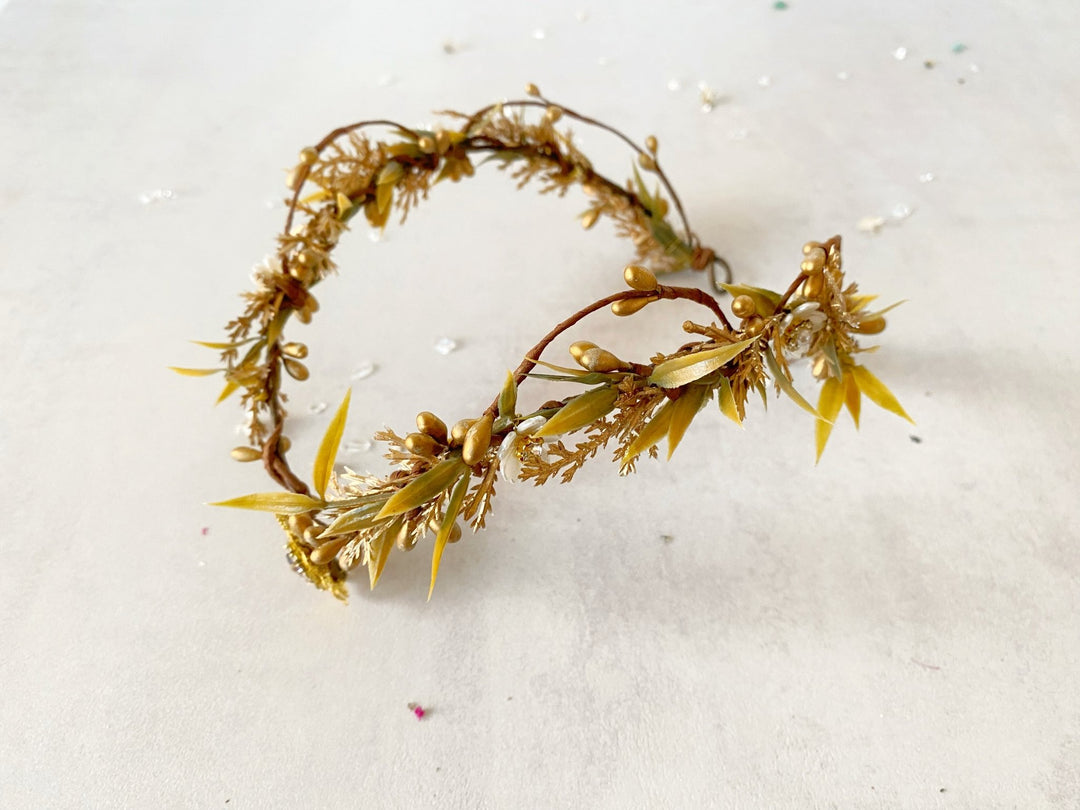 Golden Elven Bridal Tiara with Gemstone Pendant – Fantasy Wedding Headpiece – handmade floral hair accessory by magaela