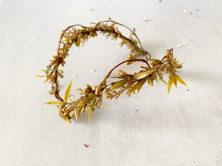 Golden Elven Bridal Tiara with Gemstone Pendant – Fantasy Wedding Headpiece – handmade floral hair accessory by magaela