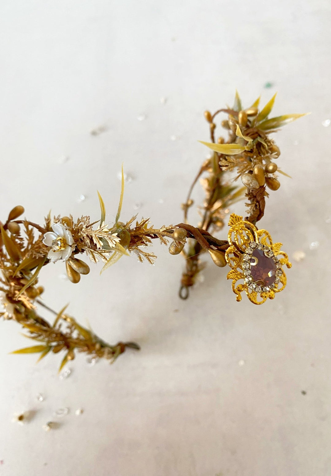 Golden Elven Bridal Tiara with Gemstone Pendant – Fantasy Wedding Headpiece – handmade floral hair accessory by magaela