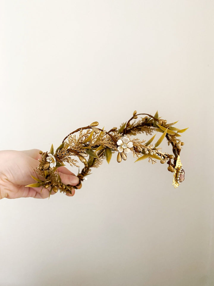 Golden Elven Bridal Tiara with Gemstone Pendant – Fantasy Wedding Headpiece – handmade floral hair accessory by magaela