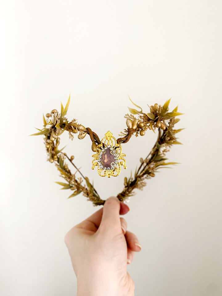 Golden Elven Bridal Tiara with Gemstone Pendant – Fantasy Wedding Headpiece – handmade floral hair accessory by magaela