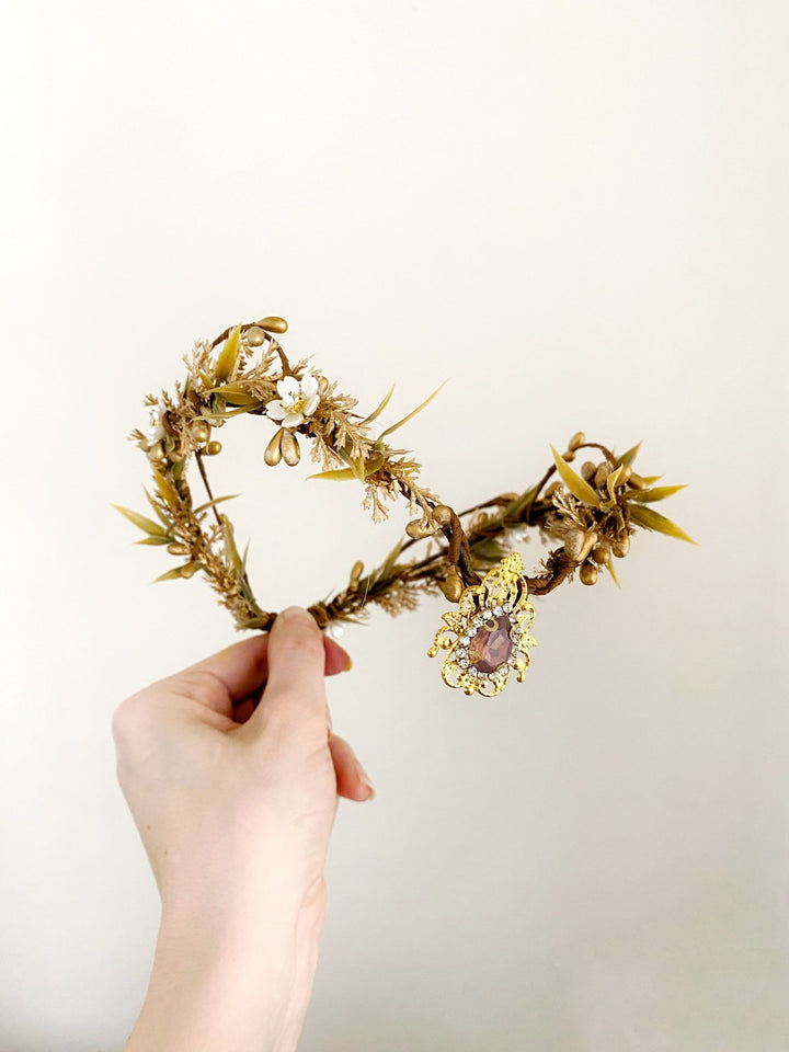 Golden Elven Bridal Tiara with Gemstone Pendant – Fantasy Wedding Headpiece – handmade floral hair accessory by magaela