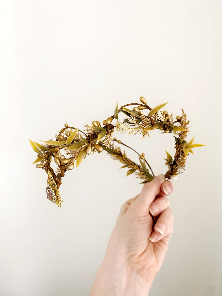 Golden Elven Bridal Tiara with Gemstone Pendant – Fantasy Wedding Headpiece – handmade floral hair accessory by magaela