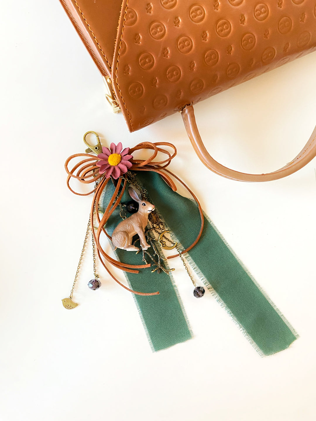 Woodland Rabbit Bag Charm | Daisy and Green Ribbon